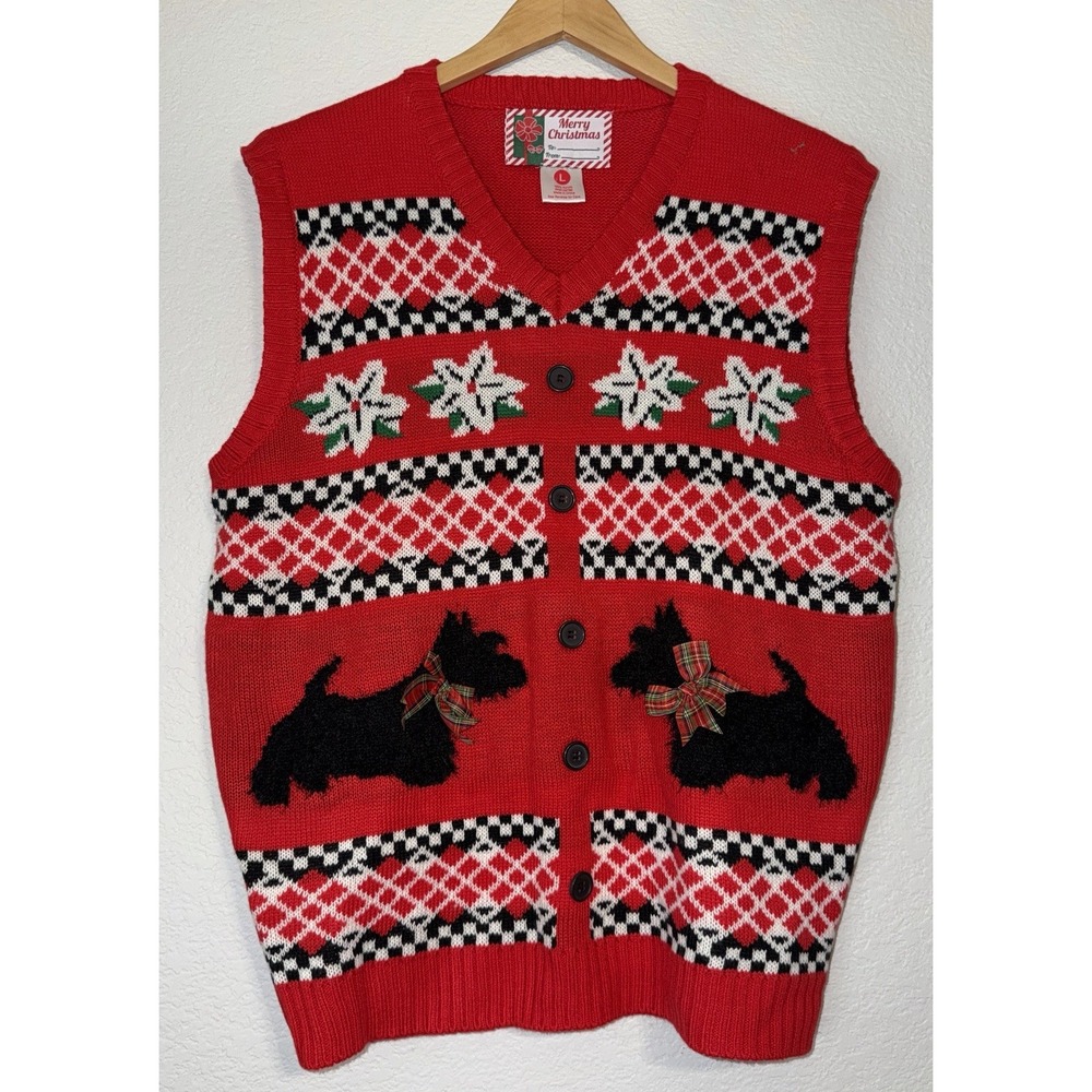Merry Christmas Scottie Dog Sweater Vest Womens L Red Fair Isle Holiday Knit